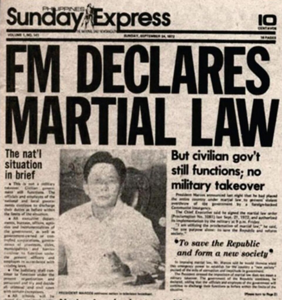 Newspaper cover of Marcos declaring Martial Law